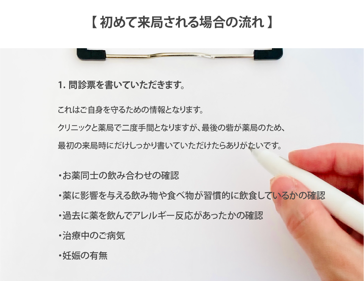 始めて来局される方の流れ
問診票を書いていただきます。
これはご自身を守るための情報となります。
クリニックと薬局で二度手間となりますが、最後の砦が薬局のため、最初の来局時にだけしっかり書いていただけたらありがたいです。

お薬同士の飲み合わせの確認
薬に影響を与える飲み物や食べ物が習慣的に飲食しているかの確認
過去に薬を飲んでアレルギー反応があったかの確認
治療中のご病気
妊娠の有無